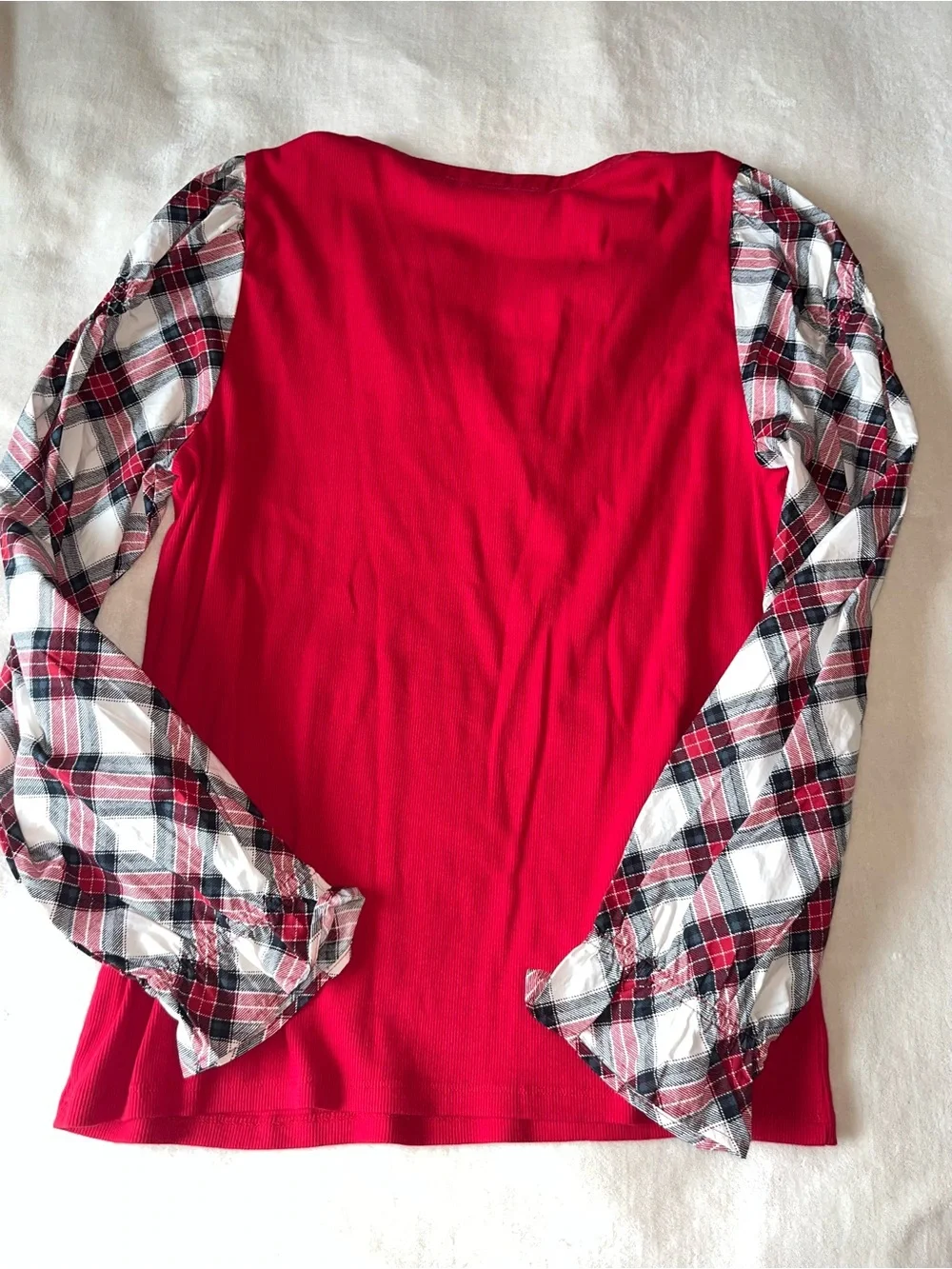 LOFT Red Henley Top with Plaid Puff Sleeves Mixed Media V Neck Buttons Sz XL